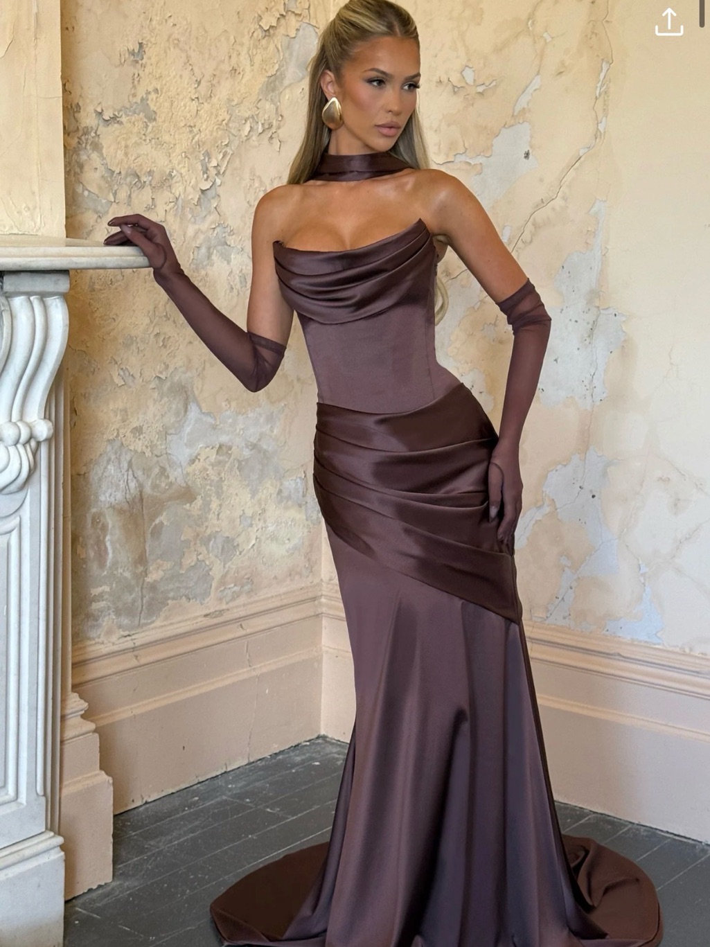 Satin Brown Draped Maxi Evening Dress
